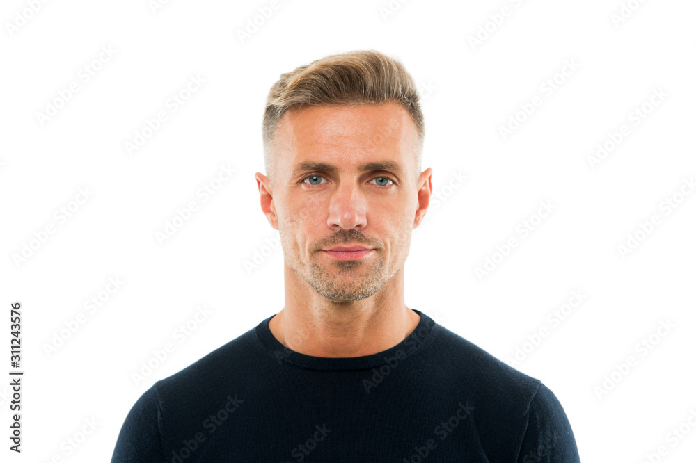 Barber providing grooming. Handsome man isolated on white. Man with shaped beard hair. Mustache barber. Barber services. Hairdressing and styling. Barbershop and hair salon. Barber shop for men only Barber providing grooming. Handsome man isolated on white. Man with shaped beard hair. Mustache barber. Barber services. Hairdressing and styling. Barbershop and hair salon. Barber shop for men only
