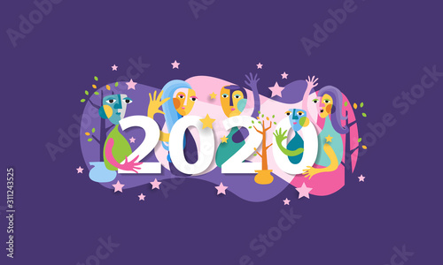 Happy new year 2020 creative with playful concept and colorful