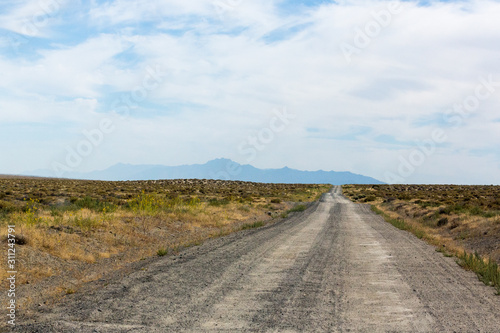 Dirt road running through the middle of the desert and sagebrush