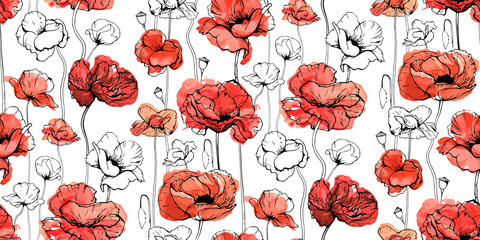 Acrylglasbilder Mohnblumenmuster Rote Mohnblumen Aquarell Frühlingsmuster  © Agata