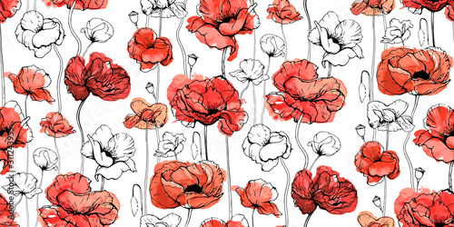 Seamless floral decorative pattern with red flowers and buds. Poppies, shirley, canker rose, Papaver. Endless spring texture for your design, fabrics, decor. Graphic illustration with watercolour. 