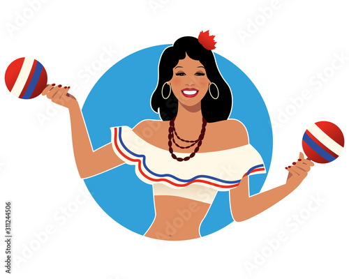 Beautiful latin girl playing maracas isolated on white background. Retro style