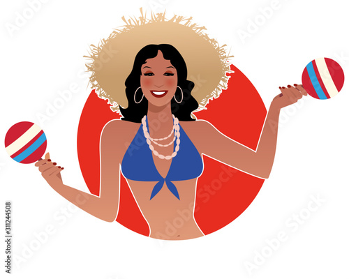 Beautiful latin girl playing maracas isolated on white background. Retro style