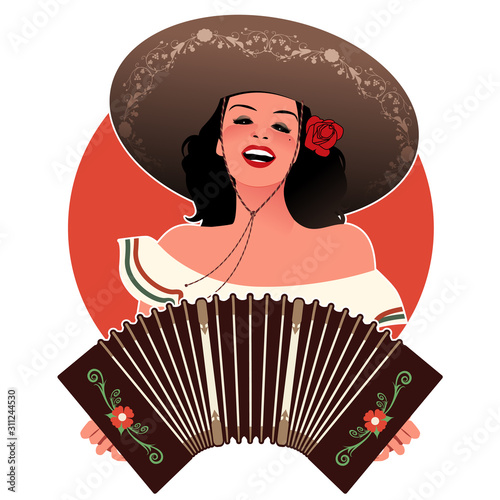 Beautiful latin girl wearing Mexican hat, singing and playing the accordion