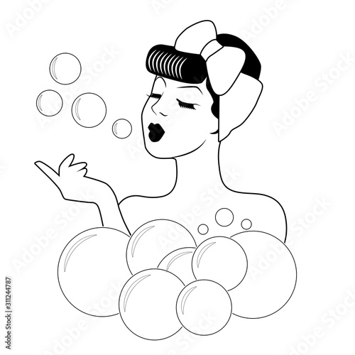 Beautiful girl taking a bath with foam and bubbles. Retro cartoon style isolated on white background
