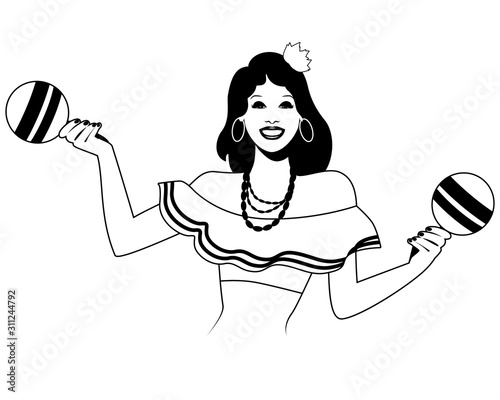 Beautiful latin girl playing maracas isolated on white background. Retro style
