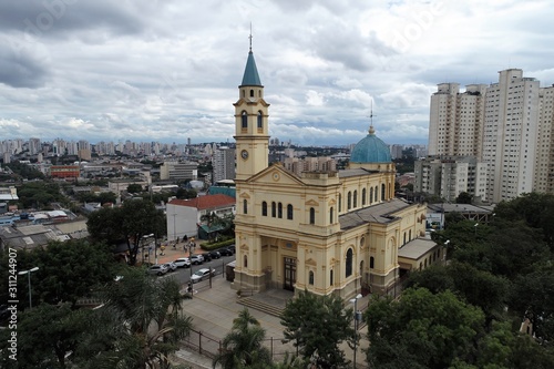 Aerial view of square and church of Freguesia do Ó's neighborhood, São Paulo, Brazil. Great landscape.