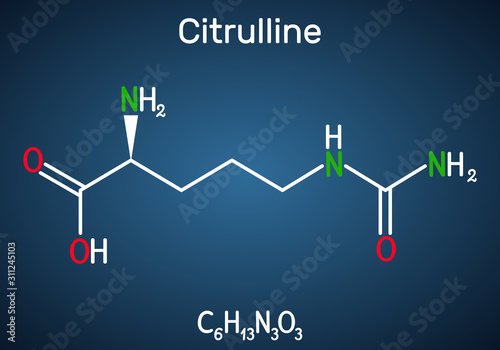 Citrulline C6H13N3O3, alpha amino acid molecule. Structural chemical formula on the dark blue background