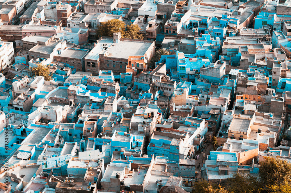 Aerial view of the old town of Jodhpur, India's Blue City, a famous tourist destination in Rajasthan