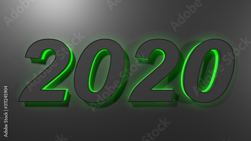 2020 black with green backlight, on black glossy surface - 3D rendering illustration