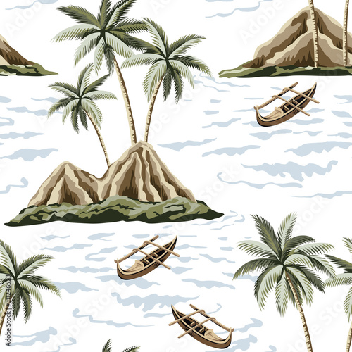 Hawaiian vintage island, palm tree, sea and boat summer seamless pattern.Exotic jungle wallpaper.