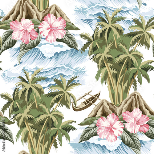 Hawaiian vintage island, palm tree, boat, pink hibiscus and sea waves summer floral seamless pattern.Exotic jungle wallpaper.