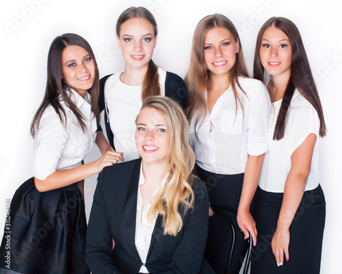 lot of businesswomen happy smiling celebrating success of team victory on work, dress code black and white official, lifestyle real working people concept photo