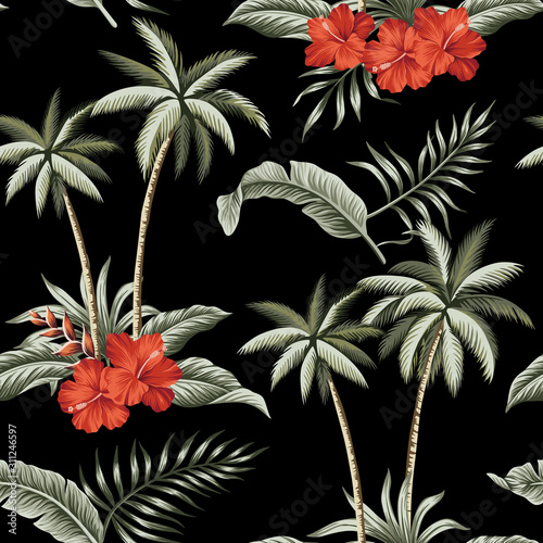 Tropical Hawaiian palm trees vintage red hibiscus flower green palm leaves floral seamless pattern black background. Exotic jungle wallpaper.  G By good_mood