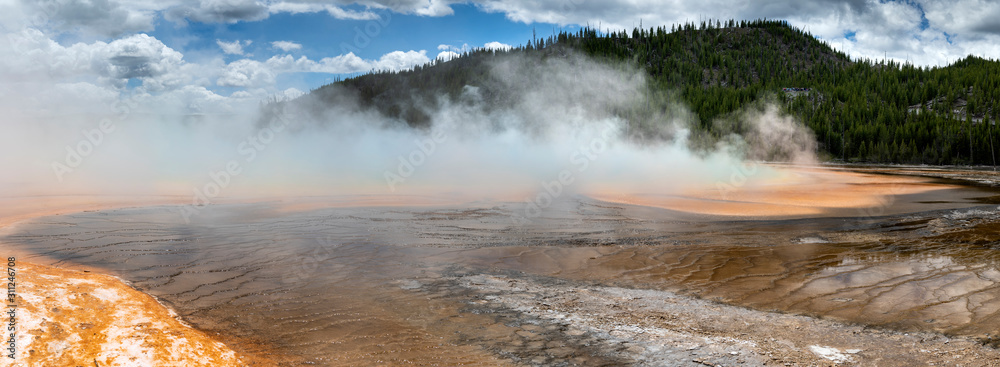 Panorama of grand prismatic spring area in the Yellowstone National Park.