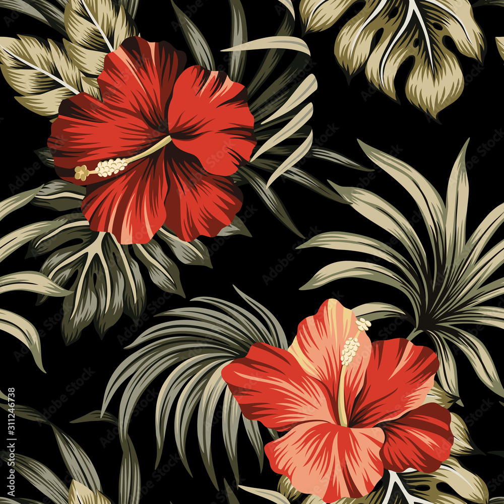 Tropical vintage red hibiscus floral green palm leaves seamless pattern