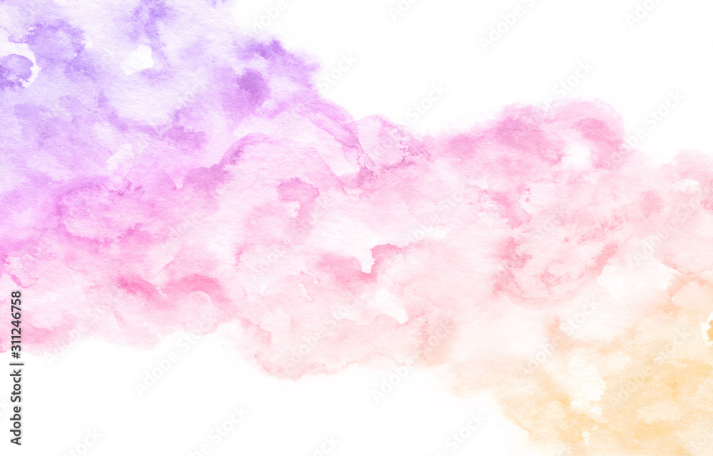Watercolor abstract background of blue, purple, pink and yellow colors. Abstract pastel gradient illustration.