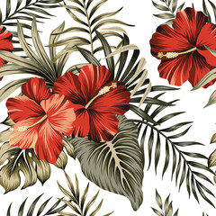 Fotobehang Hibiscus patronen Vintage rode hibiscus jungle patroon  © good_mood