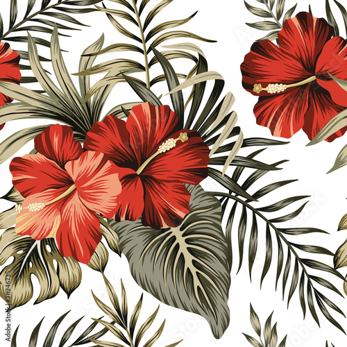 Tropical vintage red hibiscus floral green palm leaves seamless pattern white background. Exotic Hawaiian jungle wallpaper.