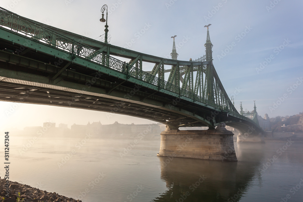 The Liberty Bridge in Budapest in Hungary, it connects Buda and Pest cities across the Danube river.