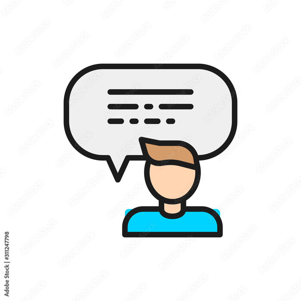 Feedback from the man, speech bubble flat color line icon. Feedback from the man, speech bubble flat color line icon.