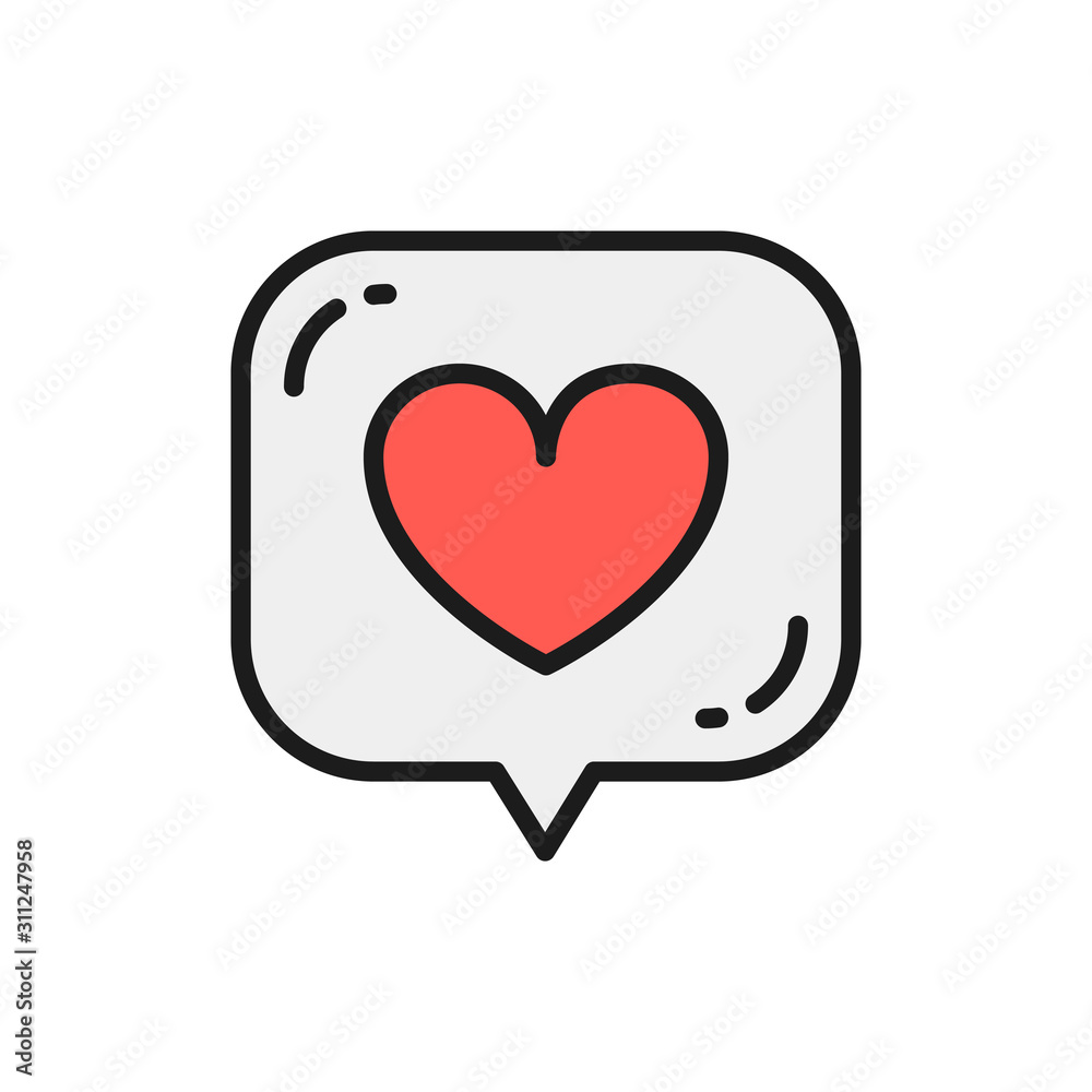 Heart in speech bubble, like, positive feedback flat color line icon. Heart in speech bubble, like, positive feedback flat color line icon.