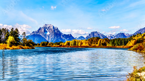Mount Moran and surrounding Mountains in the Teton Mountain Range of Grand Teton National Park. Viewed from Oxbow Bend of the Snake River in Wyoming, United Sates photo