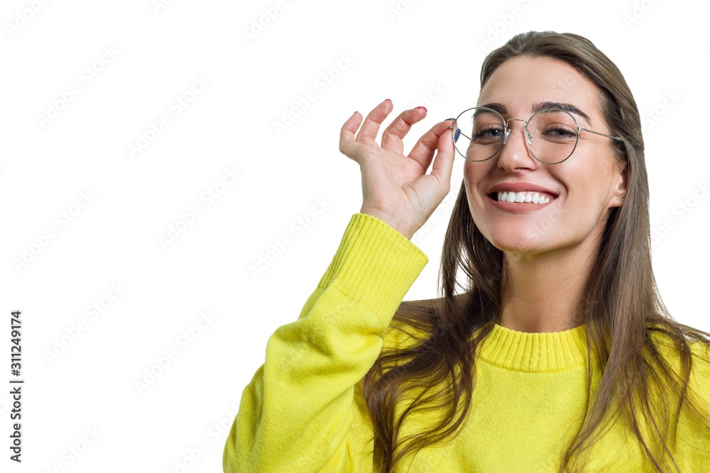 Young woman in glasses yellow clothes on white isolated background Young woman in glasses yellow clothes on white isolated background