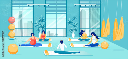 Pregnant Women Training on Yoga Courses Cartoon
