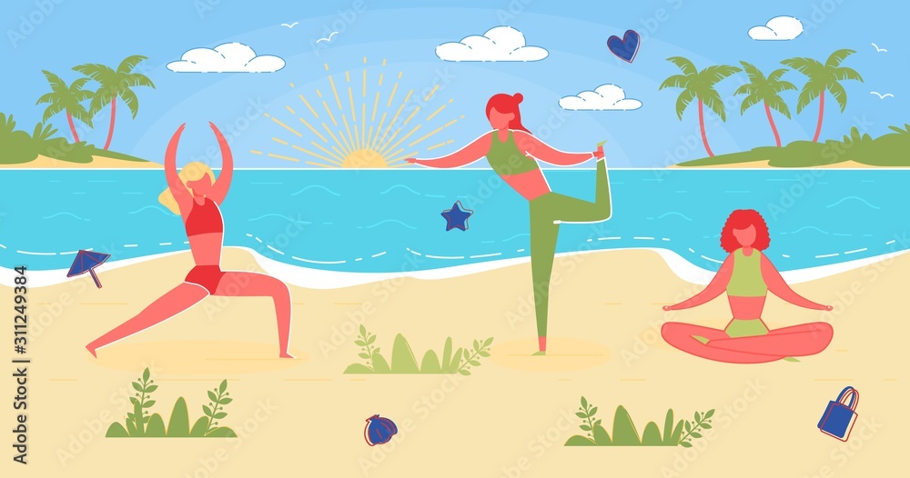 Three Girls, Practicing Yoga by Ocean at Sunrise