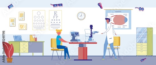 Examination in Office an Ophthalmologist, Cartoon.