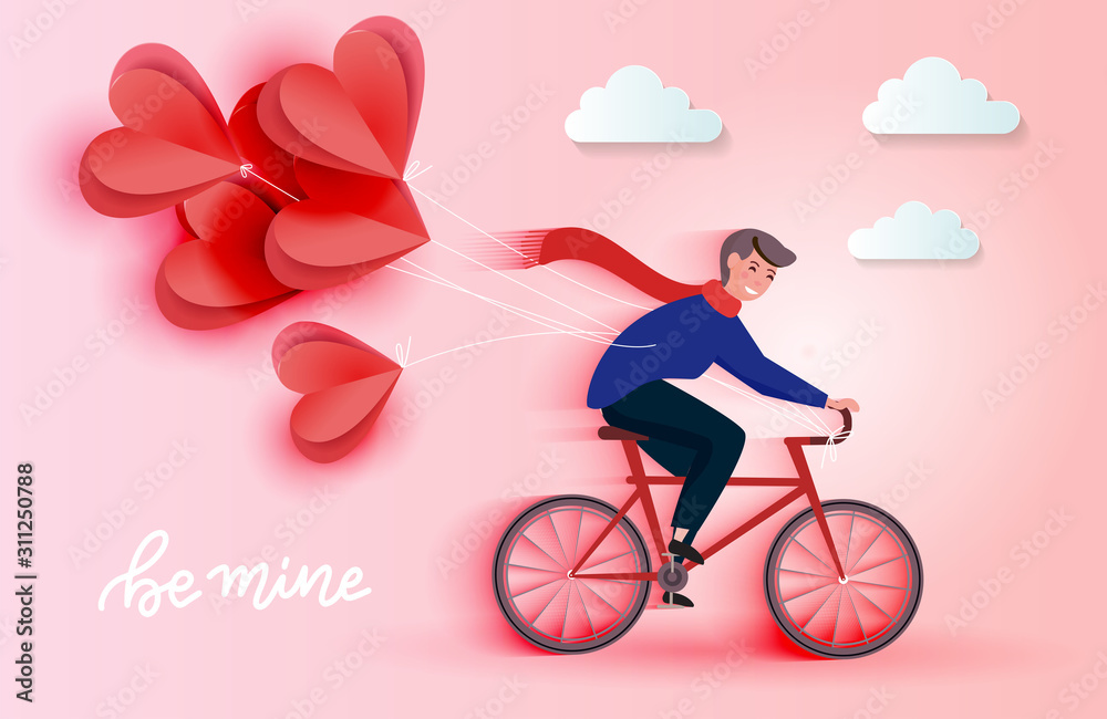 Young riding bicycle and holding red heart paper cut balloons. Love romantic card concept. Happy Valentine's Day wallpaper, poster. Vector illustration