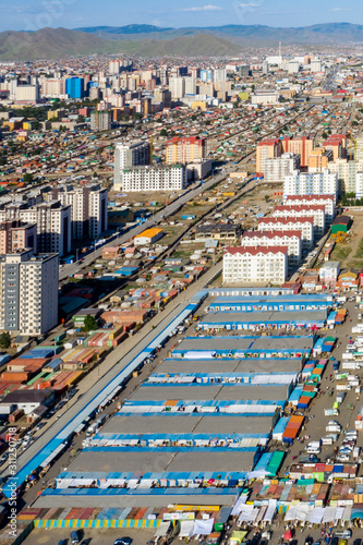 Aerial view of Ulaanbaatar, the capital of Mongolia, circa June 2019