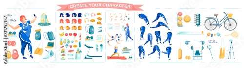 Overweight Woman and Sport Equipment Animation Set