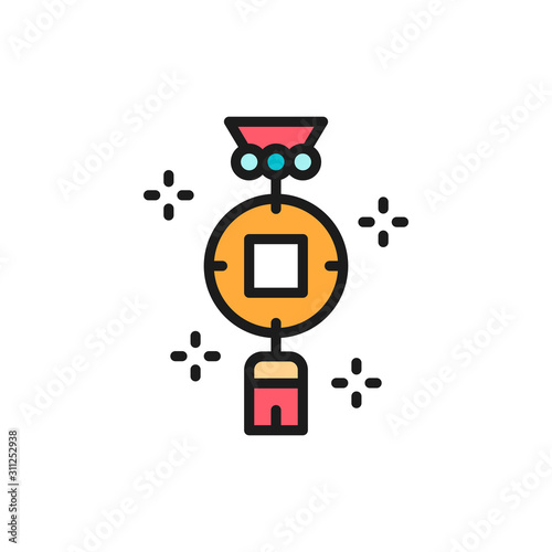 Chinese charm, feng shui coin flat color line icon.