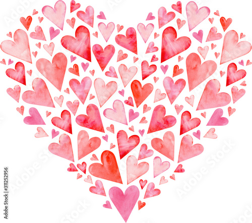 Heart made up of little red and pink watercolor hearts. Romantic illustration. Valentine's day template.