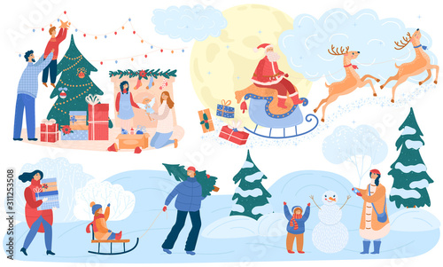 People on christmas vector happy woman and man with kids decorating new year tree to celebrate merry xmas. Illustration set of family characters playing outdoor in winter. Santa in sledge with deers