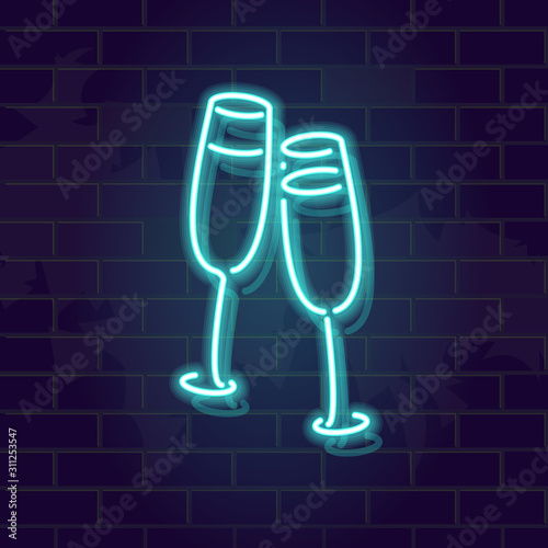 Pair of champagne glasses. Neon illustration for new year eve, christmas, anniversary. Fluorescent line image on brick wall background. Square size for social network post.