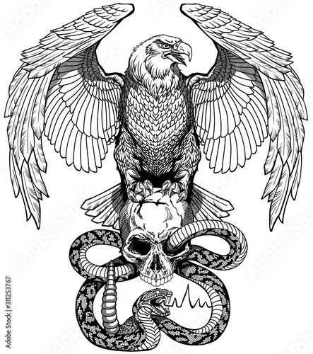 Eagle sitting on the human skull wrapped with snake. Angry dangerous rattlesnake. Black and white Tattoo or shirts design style vector illustration. Front view