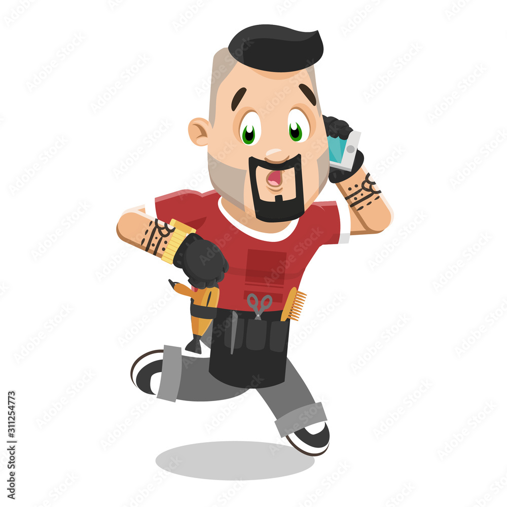 Athletic well-groomed barber with tattoo running and speaking by phone. Athletic well-groomed barber with tattoo running and speaking by phone.