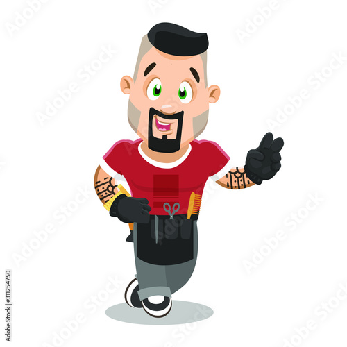 Athletic well-groomed barber in tee shirt, jeans, gloves with tool apron, tattoo standing and smiling.
