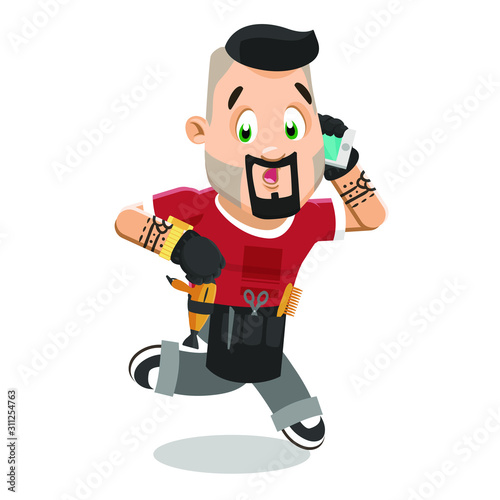 Athletic  well-groomed barber with tattoo running and speaking by phone.