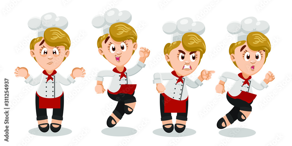 Vector set with different emotions and gestures of blond chef in cook cap and red apron. Vector set with different emotions and gestures of blond chef in cook cap and red apron.