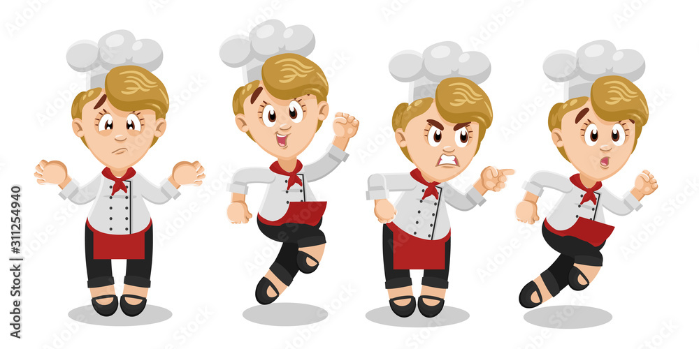 Vector set with different emotions and gestures of blond chef in cook cap and red apron. Vector set with different emotions and gestures of blond chef in cook cap and red apron.