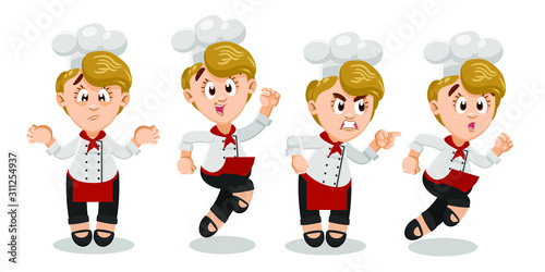 Vector set with different emotions and gestures of blond chef in cook cap and red apron.