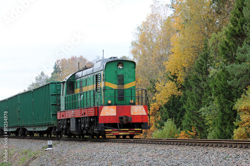green locomotive in the forest