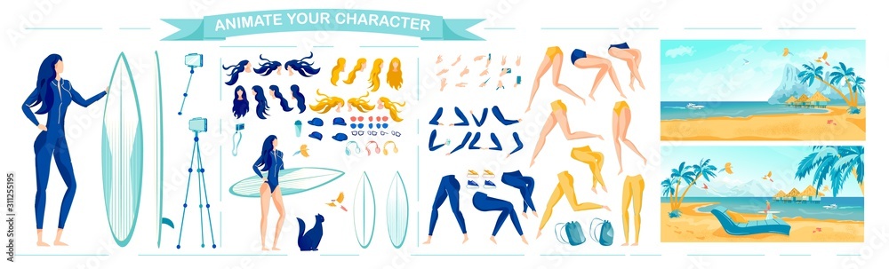 Woman with Surfboard, Body Parts - Animation Set.