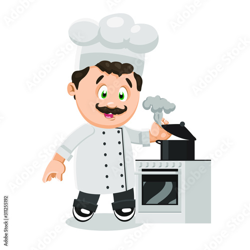 Mustached cute cook in uniform standing near stove and cooking.