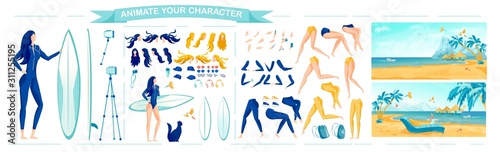 Woman with Surfboard, Body Parts - Animation Set.