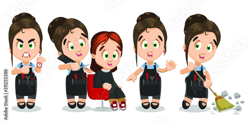 Vector set with young hairdresser with tool apron in different mood and poses.
